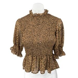 Shop Neighbor Brown Leopard Animal Print Short Sleeve Peplum Blouse Top Size S
